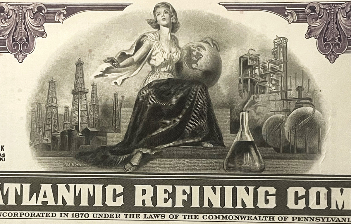 Vintage stock certificate vignette showing woman with globe and industrial refinery, ornate corners, "Atlantic Refining Compa