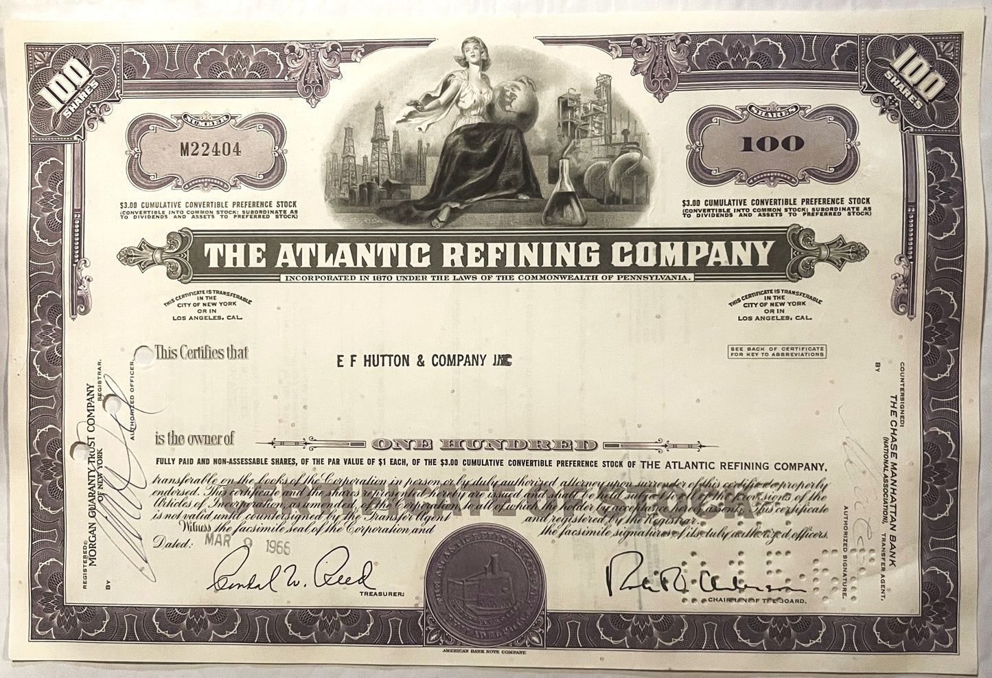 Vintage stock certificate from Atlantic Refining Company, featuring ornate borders, allegorical figures, and signa