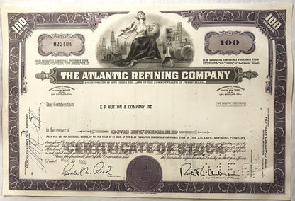 Vintage stock certificate from Atlantic Refining Company, featuring ornate borders, allegorical figures, and signa