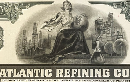 Sepia-toned engraved stock certificate vignette featuring an allegorical woman and man gazing upward with industrial refineri