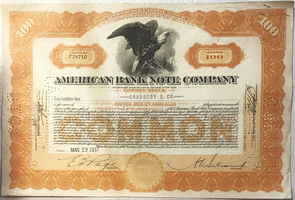 Vintage American Bank Note Company stock certificate with orange ornate border, eagle vignette, and signatures