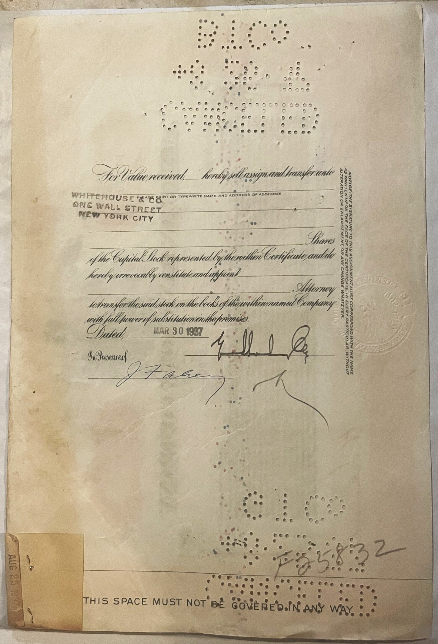 Aged stock certificate, addressed to Whitehouse at One Wall Street, New York City, with handwritten sign