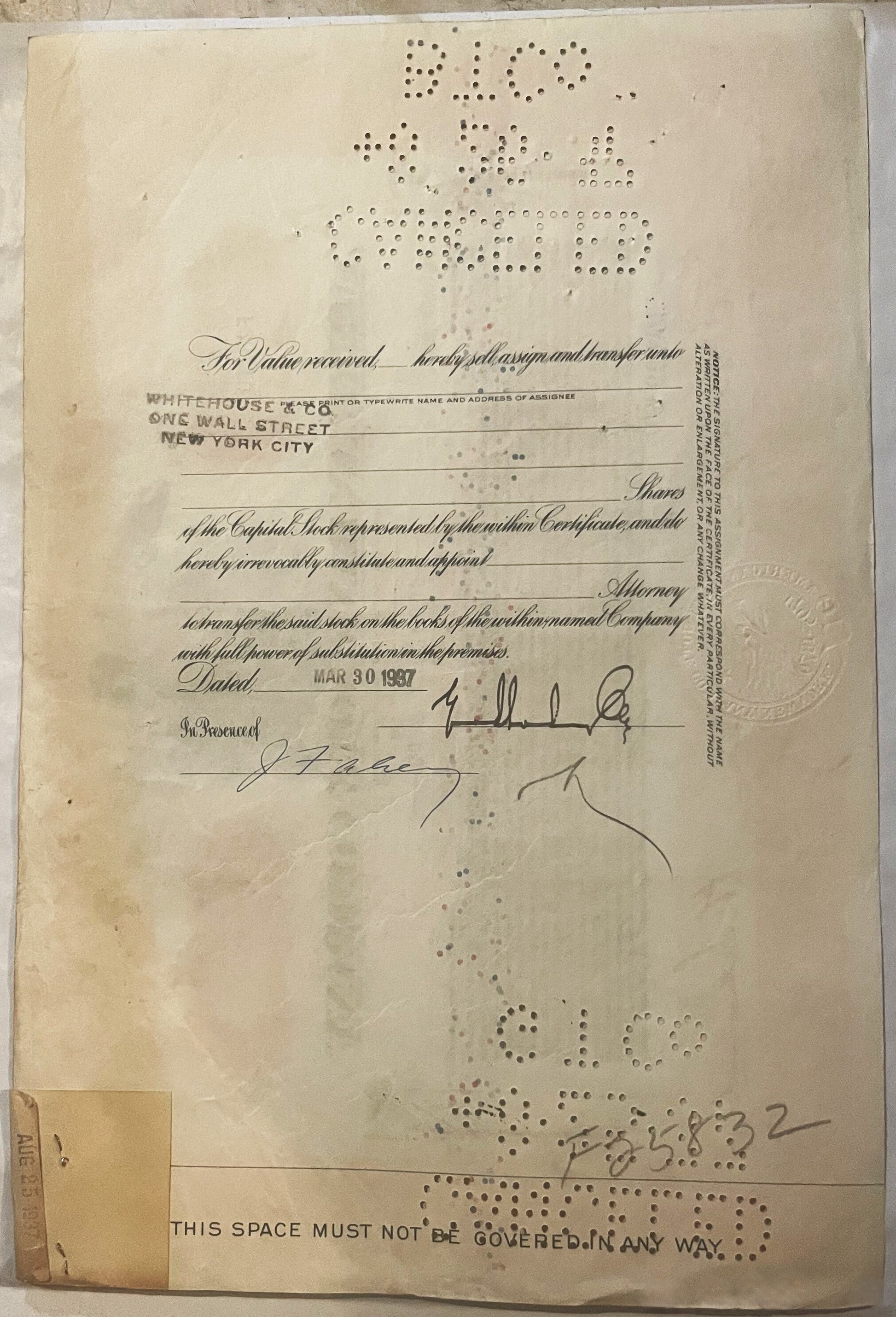 Aged stock certificate, addressed to Whitehouse at One Wall Street, New York City, with handwritten sign