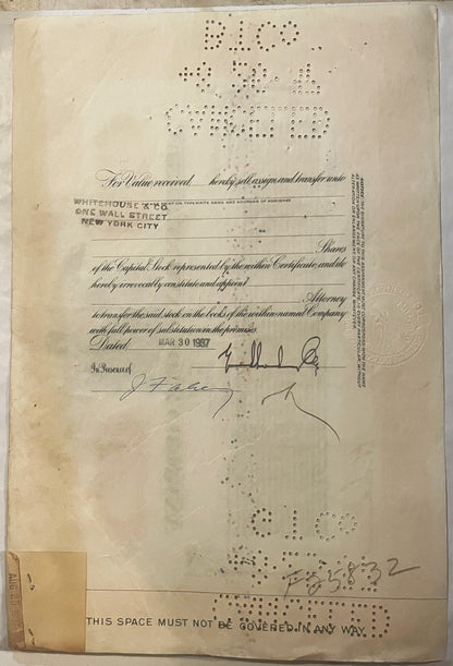 Aged stock certificate, addressed to Whitehouse at One Wall Street, New York City, with handwritten sign