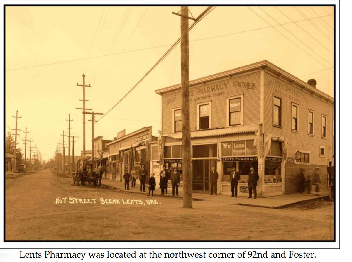 Sepia-toned historical photograph of Lents Pharmacy storefront at 92nd and Foster in Portland, Oregon, with wooden buildings 
