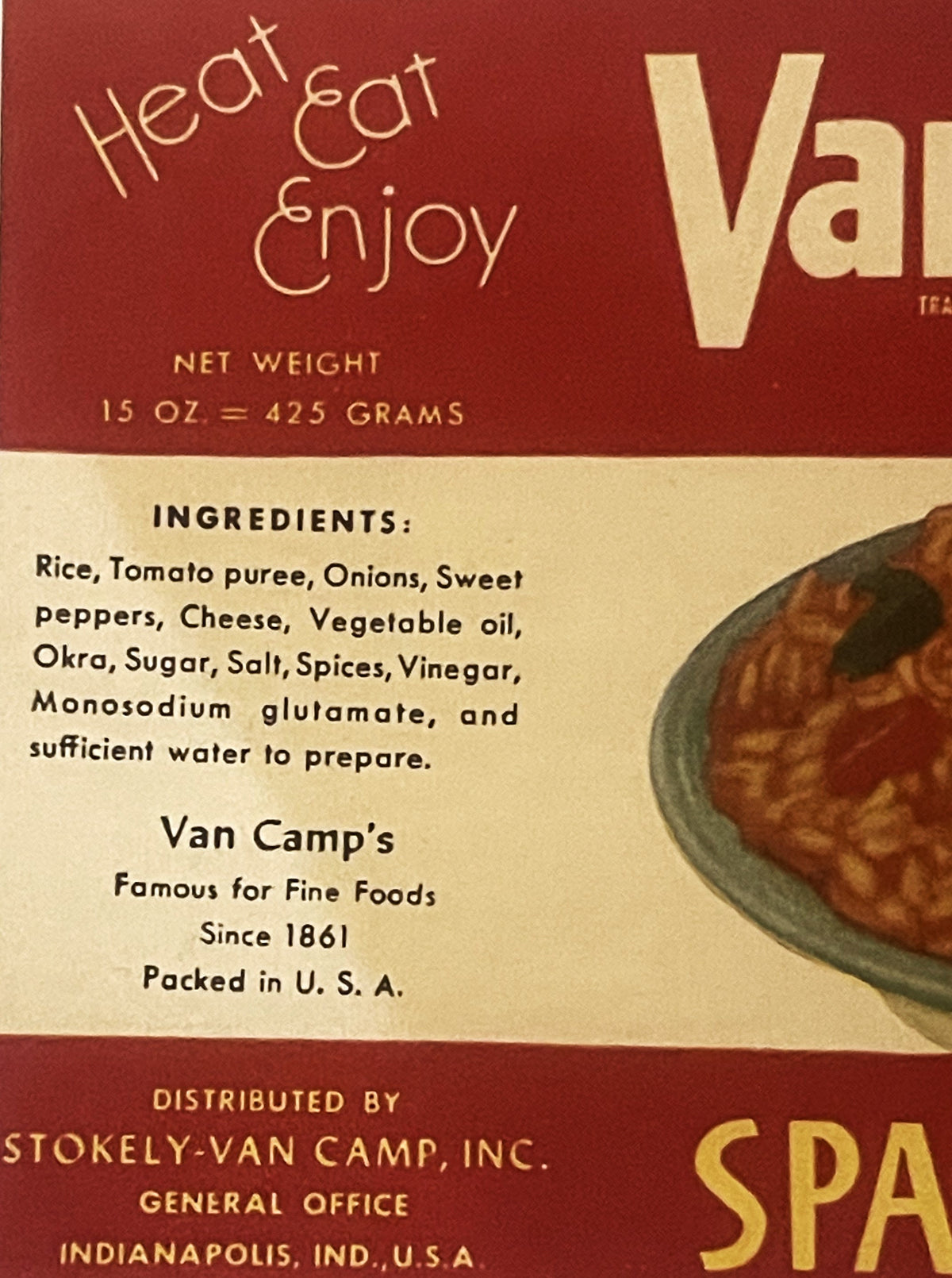 Vintage Van Camp's Spanish Rice label with red and cream design, ingredients list, and bowl of rice visible on right side