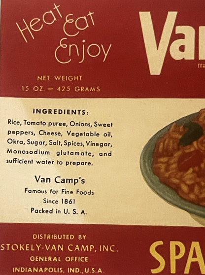 Vintage Van Camp's Spanish Rice label with red and cream design, ingredients list, and bowl of rice visible on right side