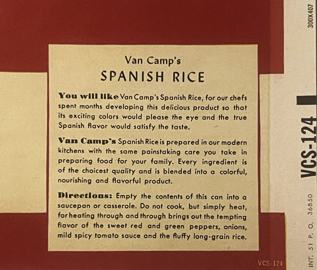 Vintage Van Camp's Spanish Rice label on cream and burgundy background with product description and cooking directions in bla