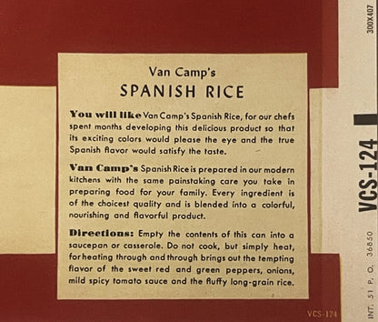 Vintage Van Camp's Spanish Rice label on cream and burgundy background with product description and cooking directions in bla