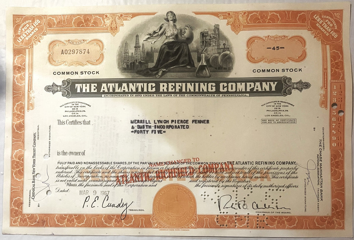 Atlantic Refining Company stock certificate with ornate orange border, allegorical engravings, and signatures
