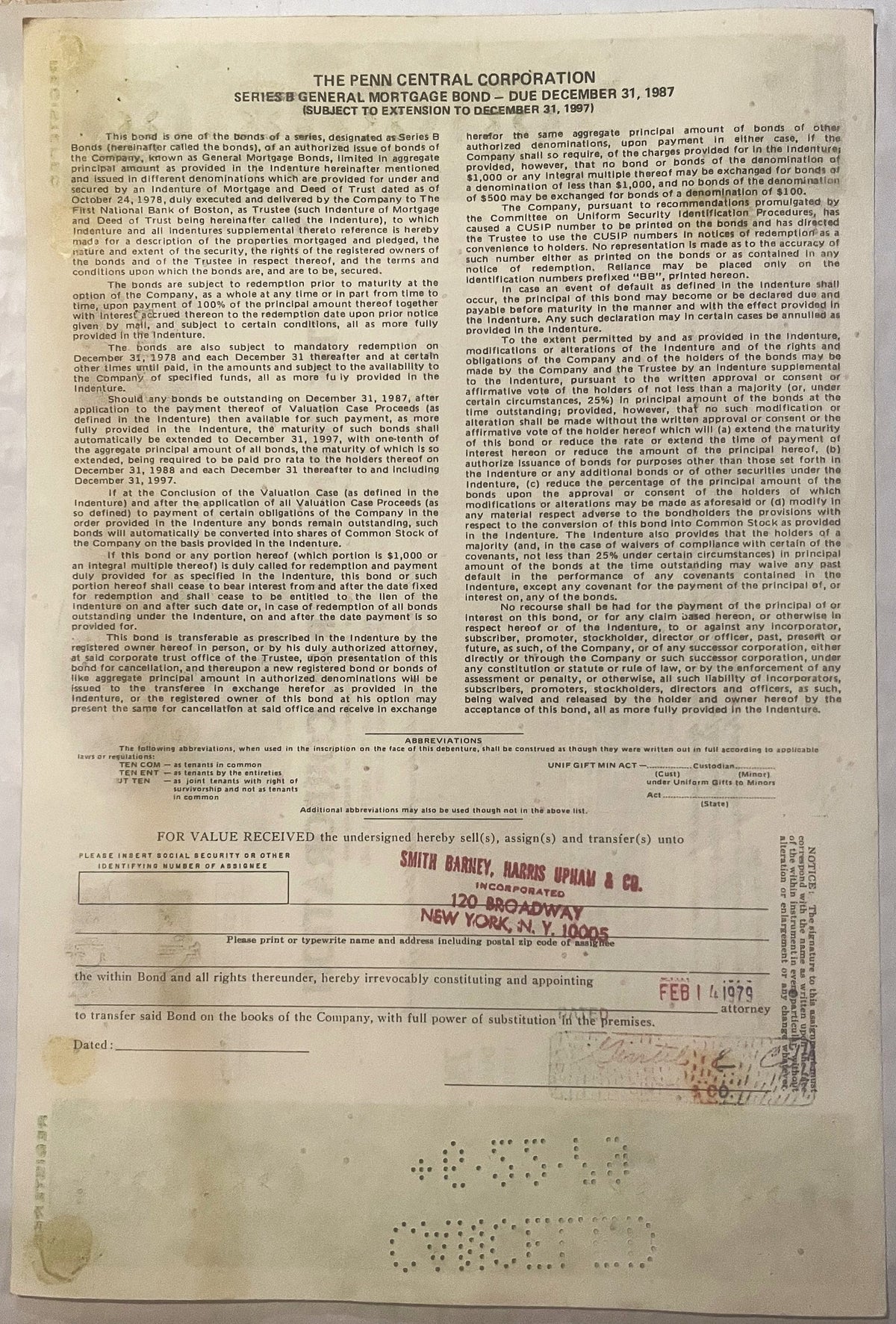 Aged Penn Central Corporation Series B General Mortgage Bond document dated 1987, showing cream-colored paper with red stampe