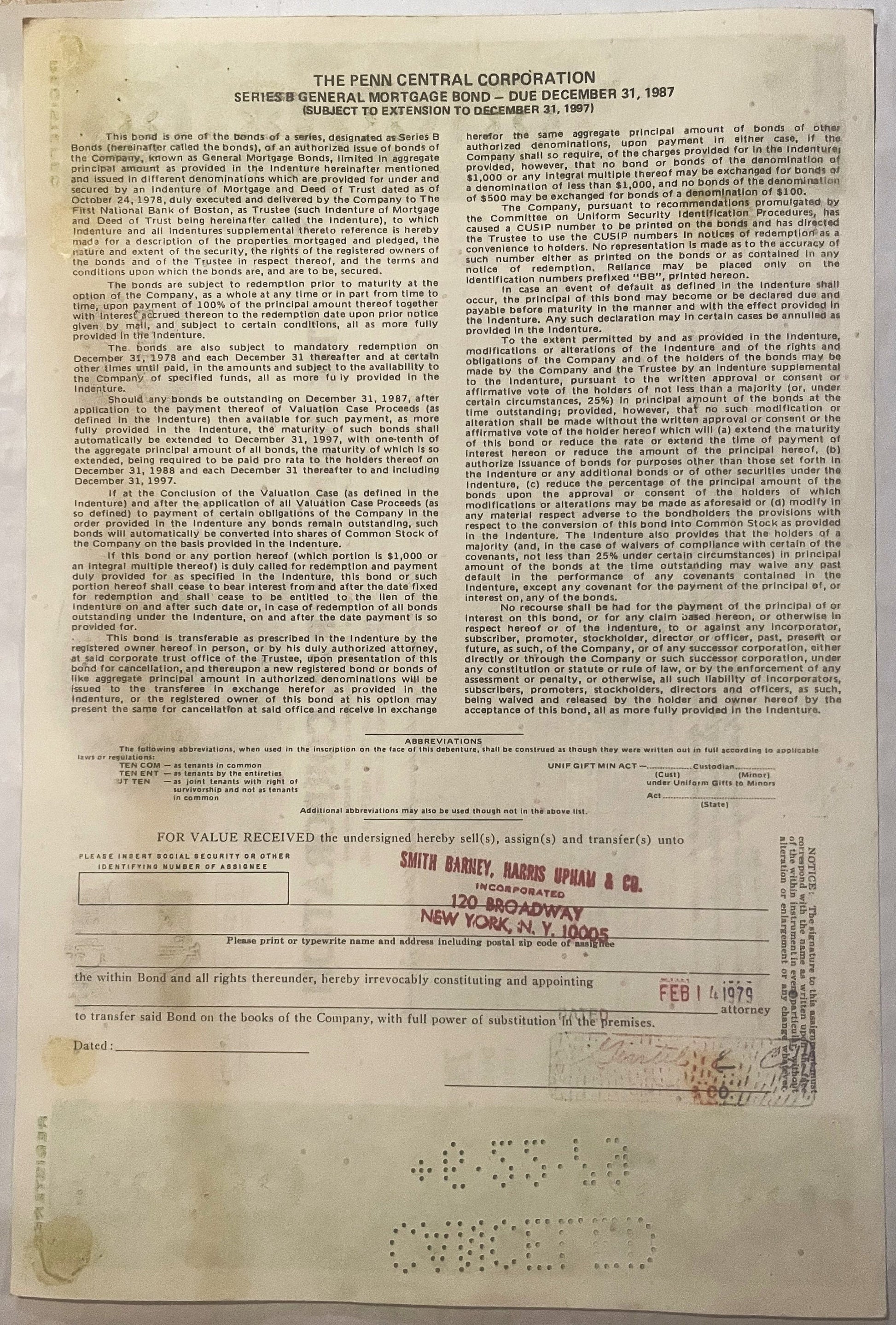 Aged Penn Central Corporation Series B General Mortgage Bond document dated 1987, showing cream-colored paper with red stampe