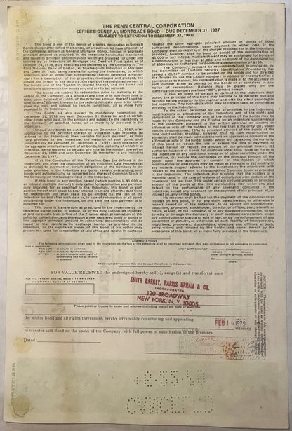 Aged Penn Central Corporation Series B General Mortgage Bond document dated 1987, showing cream-colored paper with red stampe
