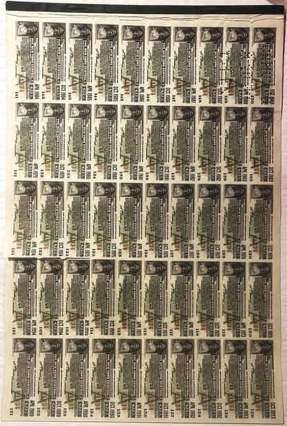 Sheet of vintage railroad bonds with portrait photographs and printed text arranged in rows, sepia-toned document on aged pap