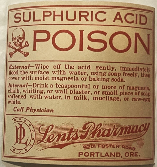 Antique Sulphuric Acid Poison Label ☠️ Lents Pharmacy Portland Oregon Druggist Skull Crossbones