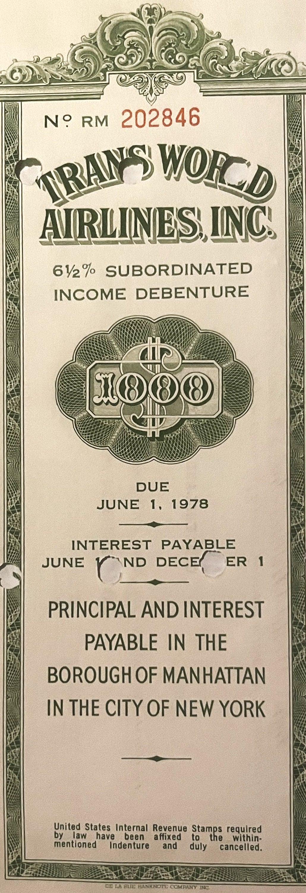 Vintage Trans World Airlines Inc. $1000 subordinated income debenture bond certificate with ornate green border and decorativ