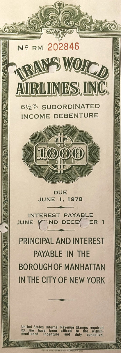 Vintage Trans World Airlines Inc. $1000 subordinated income debenture bond certificate with ornate green border and decorativ