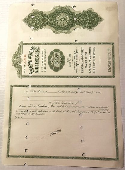 Vintage 1961 TWA Airlines $1000 debenture bond certificate with green ornamental header and transfer text, displayed flat on 