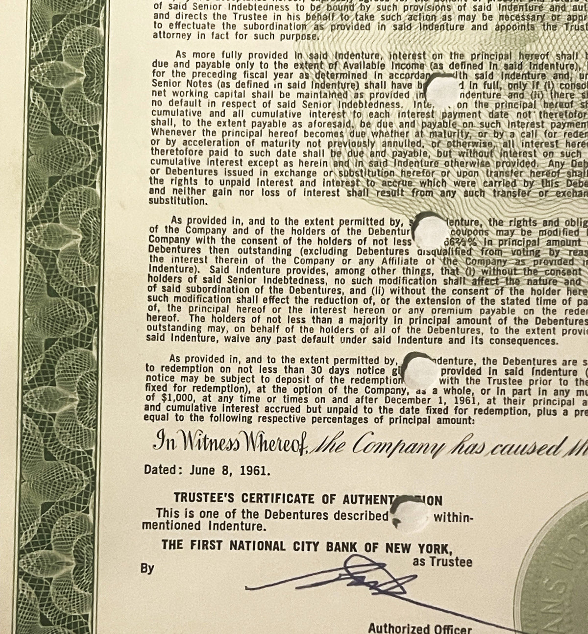 Close-up of vintage 1961 TWA debenture bond showing typed legal text, "In Witness Whereof" script, June 8, 1961 date, and Fir