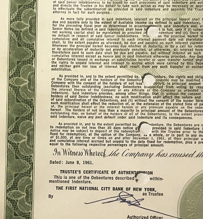 Close-up of vintage 1961 TWA debenture bond showing typed legal text, "In Witness Whereof" script, June 8, 1961 date, and Fir