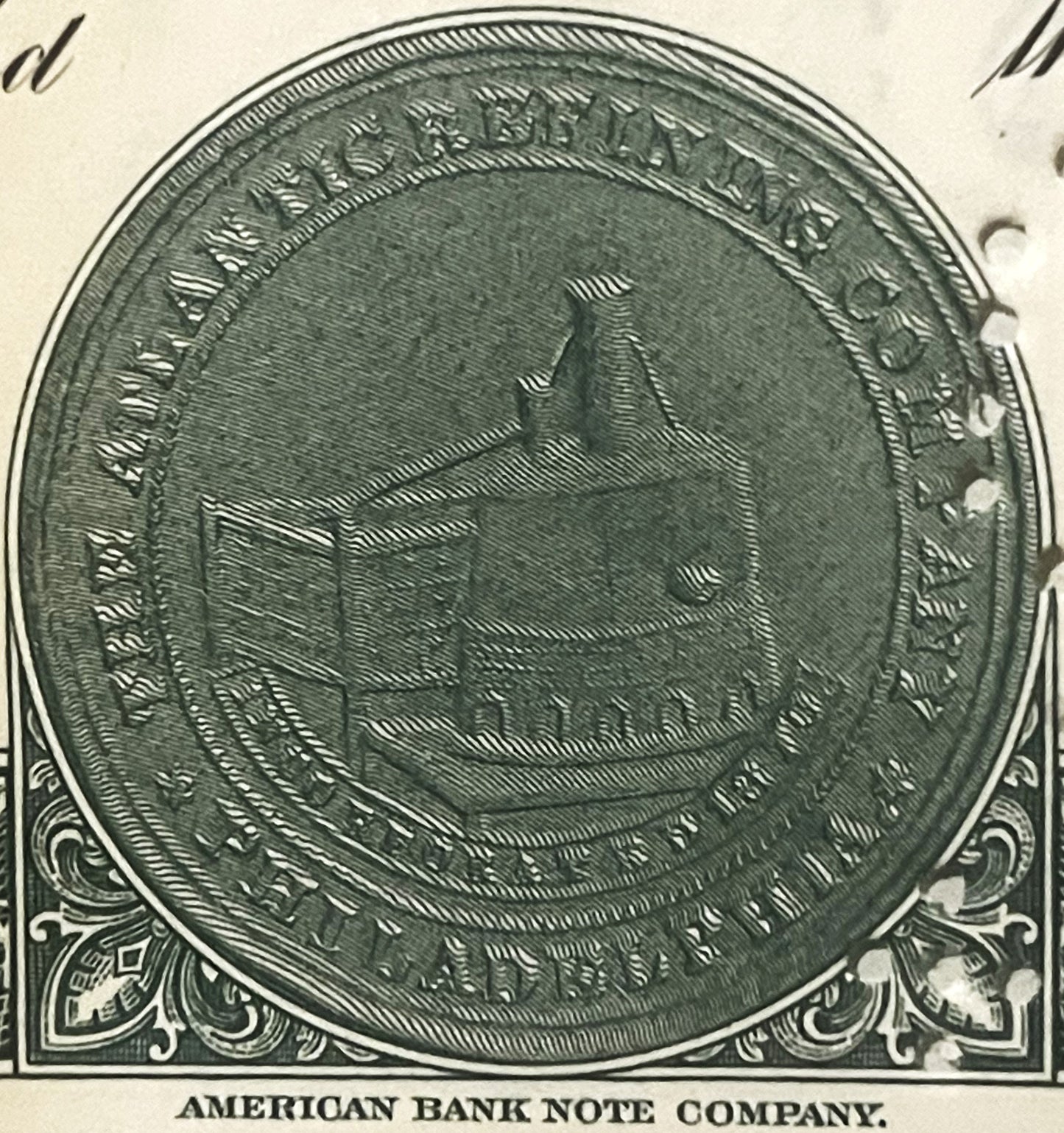 Engraved circular vignette from American Bank Note Company showing an industrial oil refinery with storage tanks and smokesta