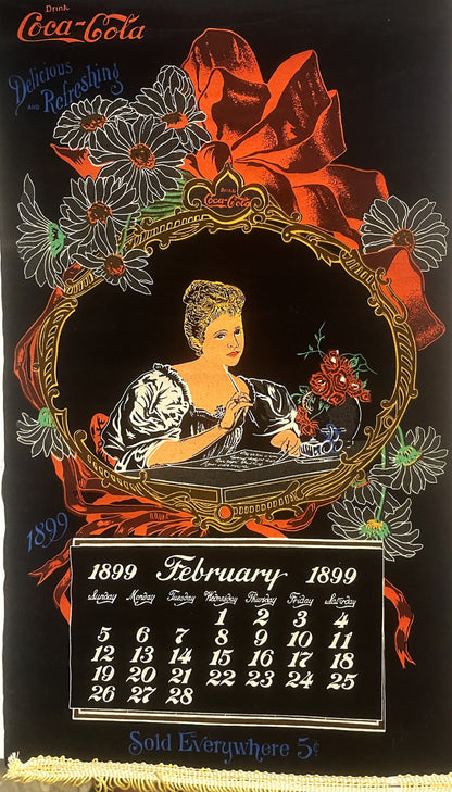 Antique Coca-Cola cloth calendar for February 1899, featuring ornate gold frame with daisies, red ribbon bow, and portrait of