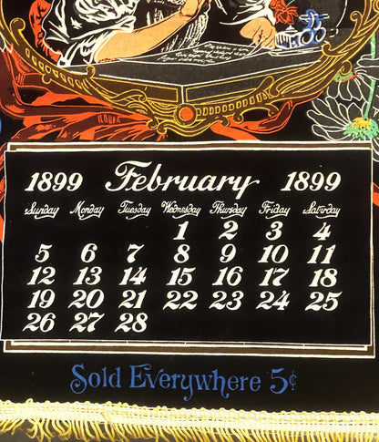 Ornate 1899 February calendar with decorative Art Nouveau border in gold, red, and black; text reads "Sold Everywhere 5¢" at 