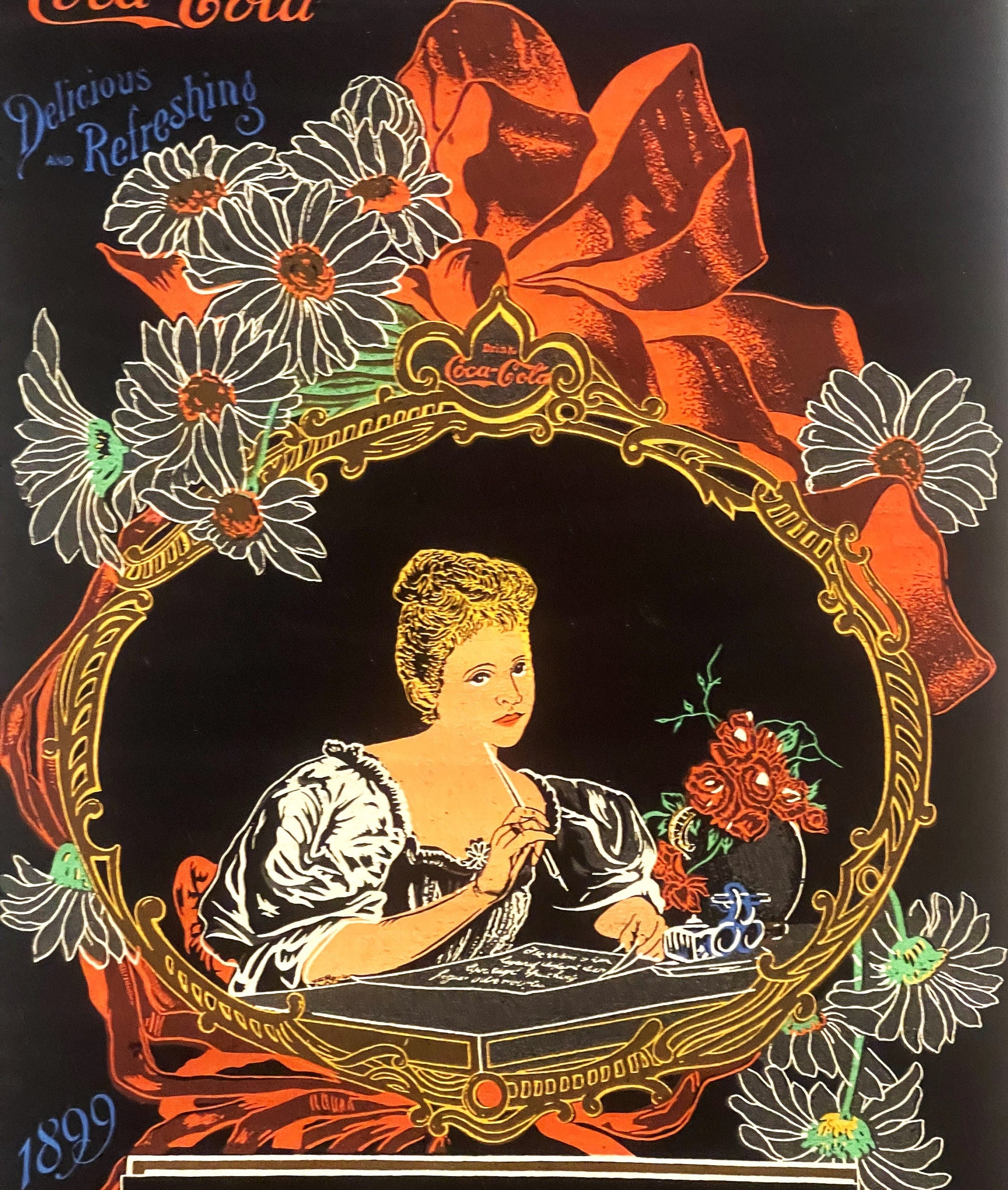 Antique Coca-Cola cloth calendar scroll from 1899 featuring ornate gold frame, white daisies, orange ribbon bow, and portrait