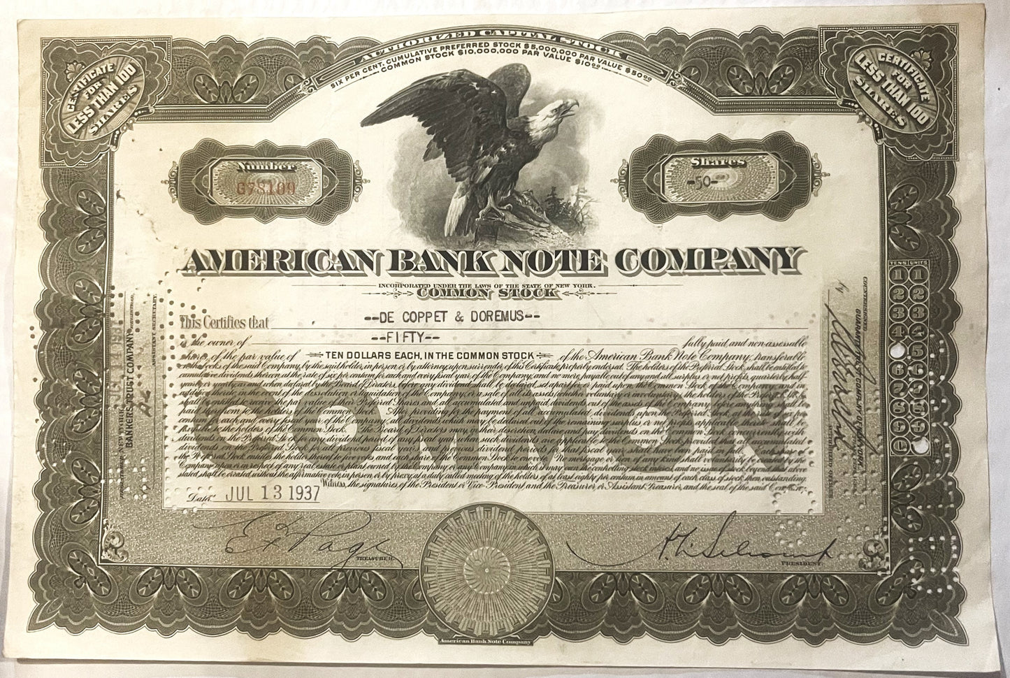 Vintage American Bank Note Company stock certificate, featuring a bald eagle vignette, ornate border desi