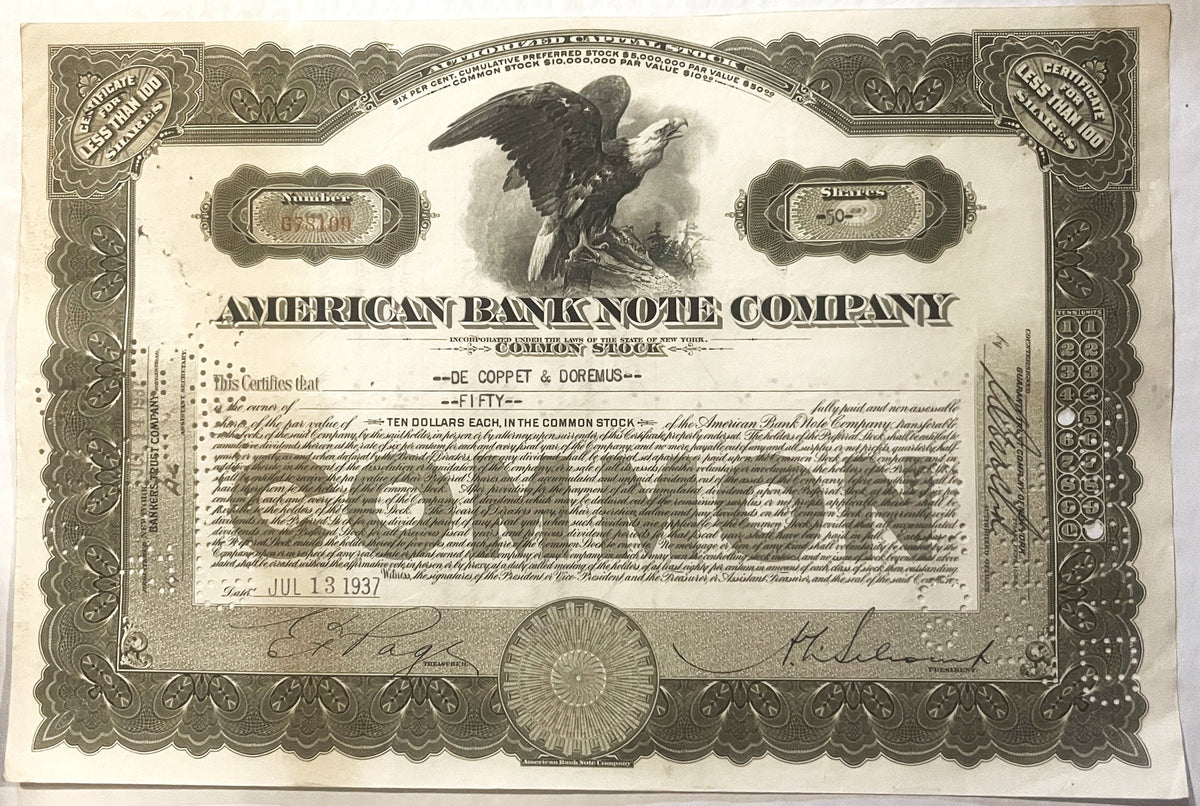 Vintage American Bank Note Company stock certificate, featuring a bald eagle vignette, ornate border desi