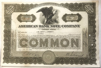 Vintage American Bank Note Company stock certificate, featuring a bald eagle vignette, ornate border desi