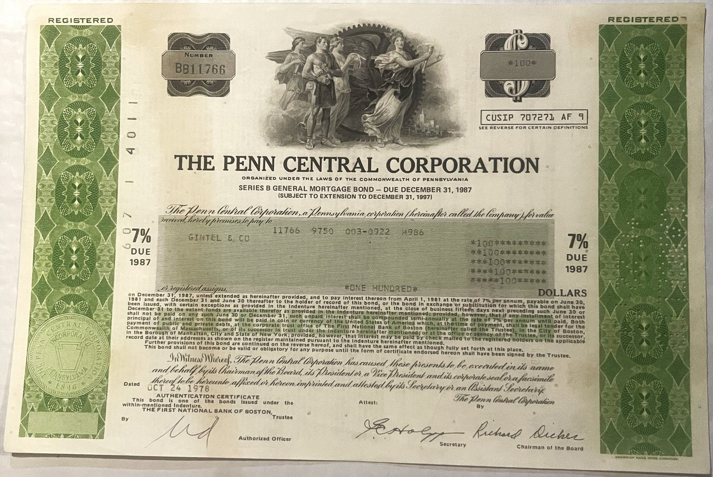Vintage Penn Central Corporation 7% mortgage bond certificate from 1987 with green decorative borders, registration number BB