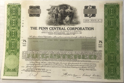 Vintage Penn Central Corporation 7% mortgage bond certificate from 1987 with green decorative borders, registration number BB