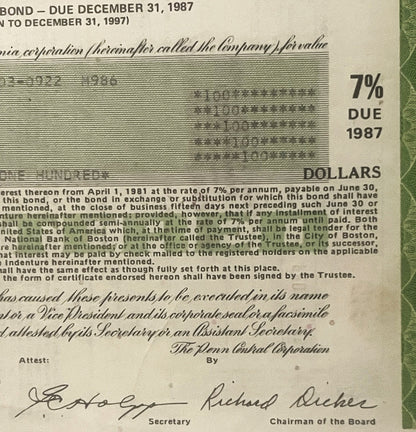 Vintage Penn Central Railroad 7% mortgage bond dated 1987, showing printed text and signatures of Secretary and Chairman of t