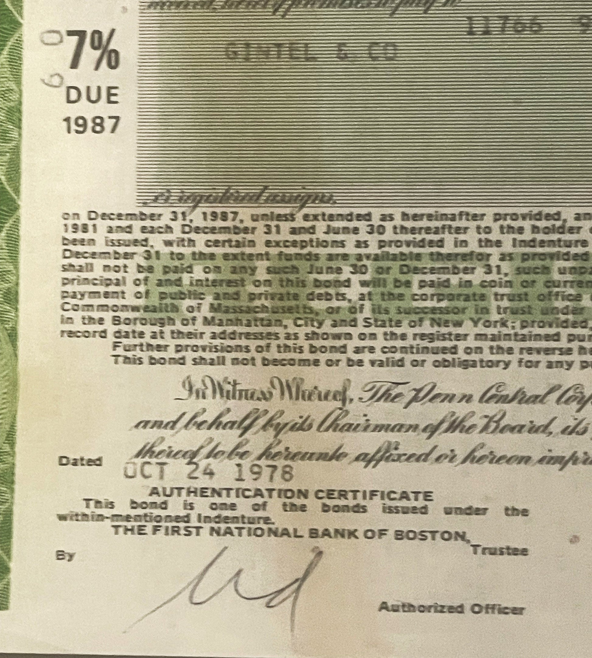 Close-up of a 7% bond certificate dated October 24, 1978, issued by First National Bank of Boston, with printed text and hand