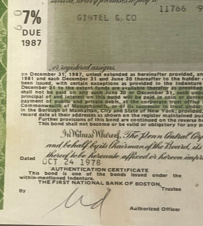 Close-up of a 7% bond certificate dated October 24, 1978, issued by First National Bank of Boston, with printed text and hand