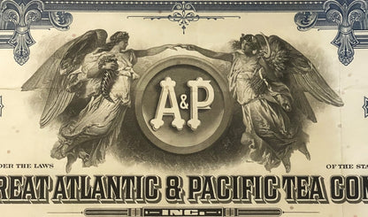 Ornate vintage stock certificate header with "A&P" monogram in circular seal flanked by two winged angels, cream and sepia to