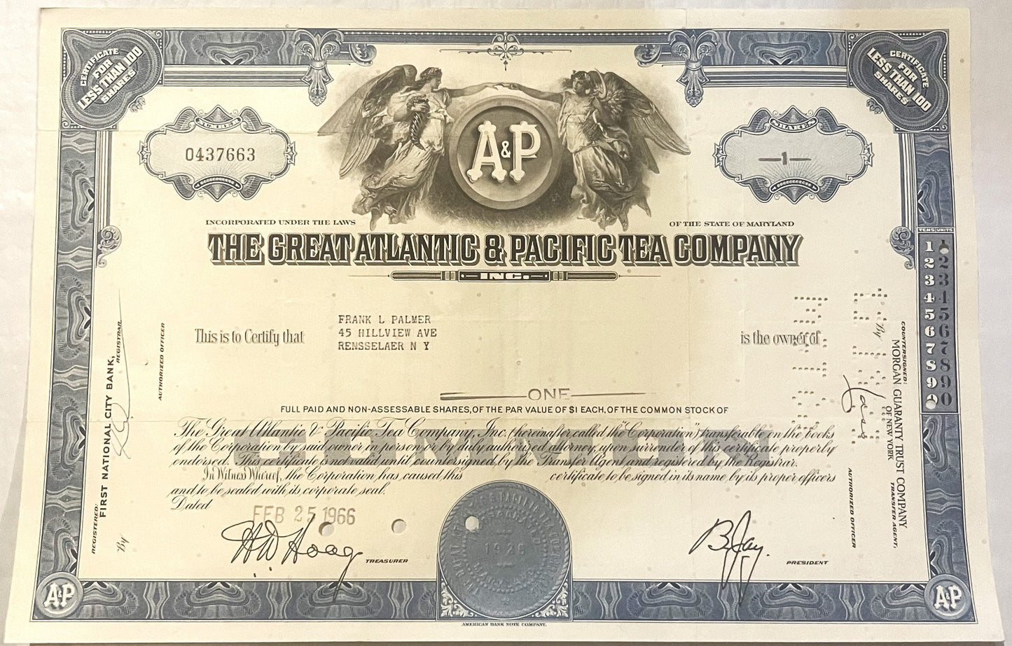 Vintage A&P Tea Company stock certificate from with ornate border, angelsand corporate seal