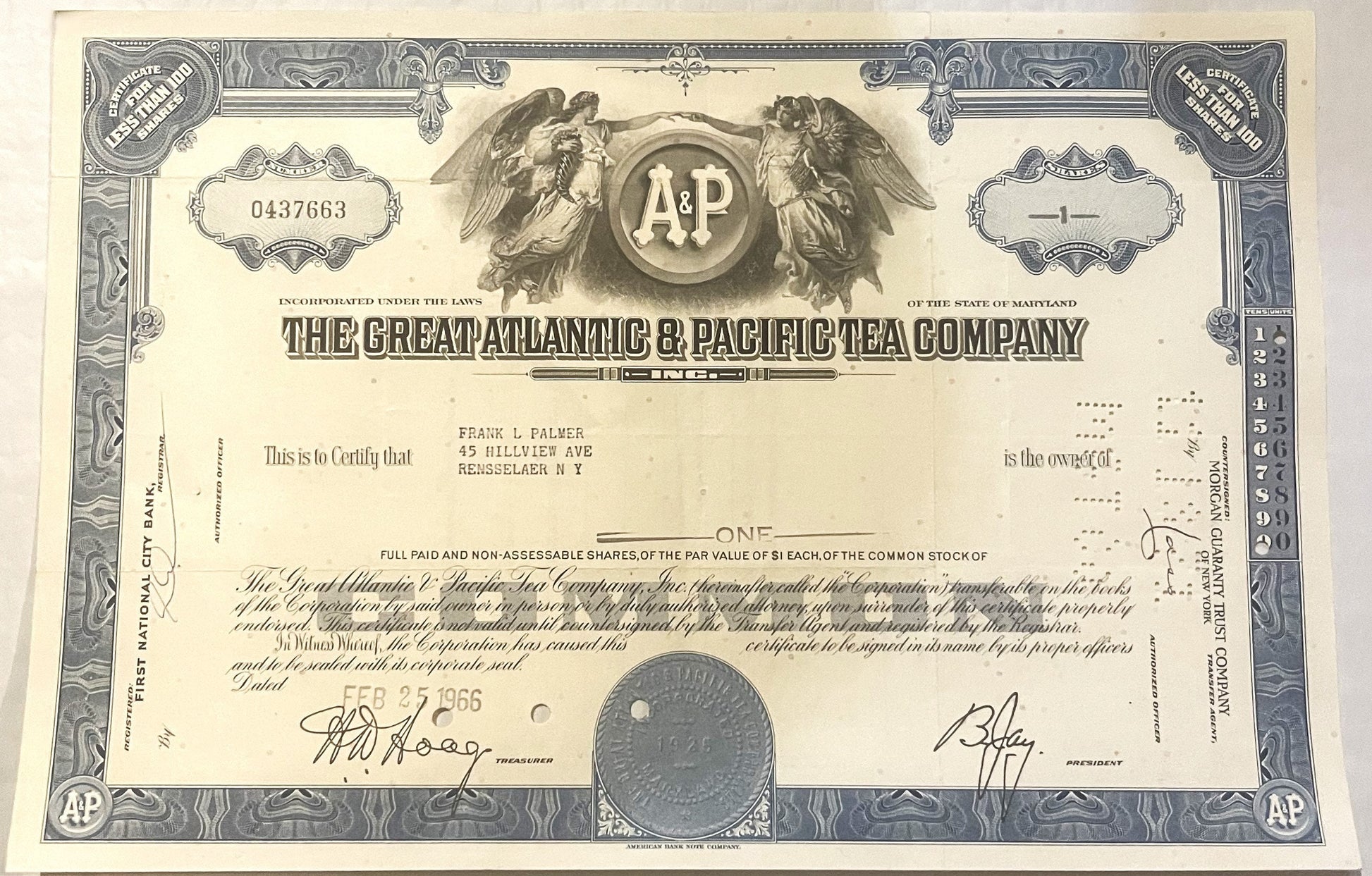 Vintage A&P Tea Company stock certificate from with ornate border, angelsand corporate seal