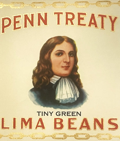 Vintage Penn Treaty lima bean can label featuring a portrait of a young woman with long brown hair and white collar against c