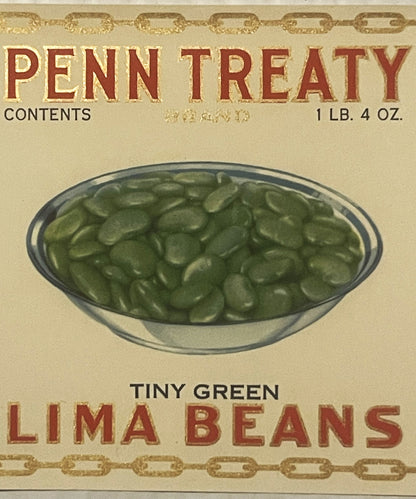 Vintage Penn Treaty brand label for tiny green lima beans, 1 lb 4 oz, showing illustration of beans in glass bowl on cream ba
