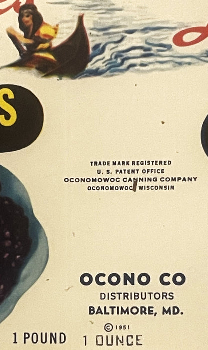 Vintage 1951 canned goods label showing Native American woman in canoe, text reading "Ocono Co Distributors Baltimore MD," tr