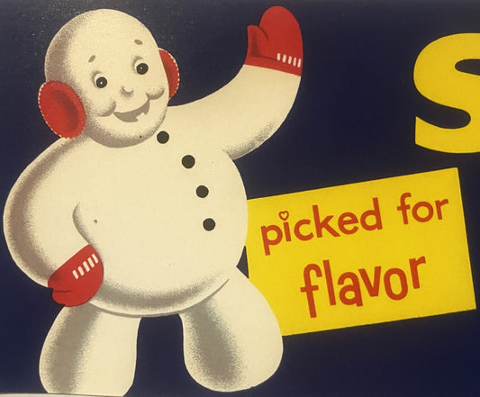 Vintage Snoboy Snowman Crate Label ❄️ Mountain Bartletts Pear Advertising Art, Los Angeles Calif