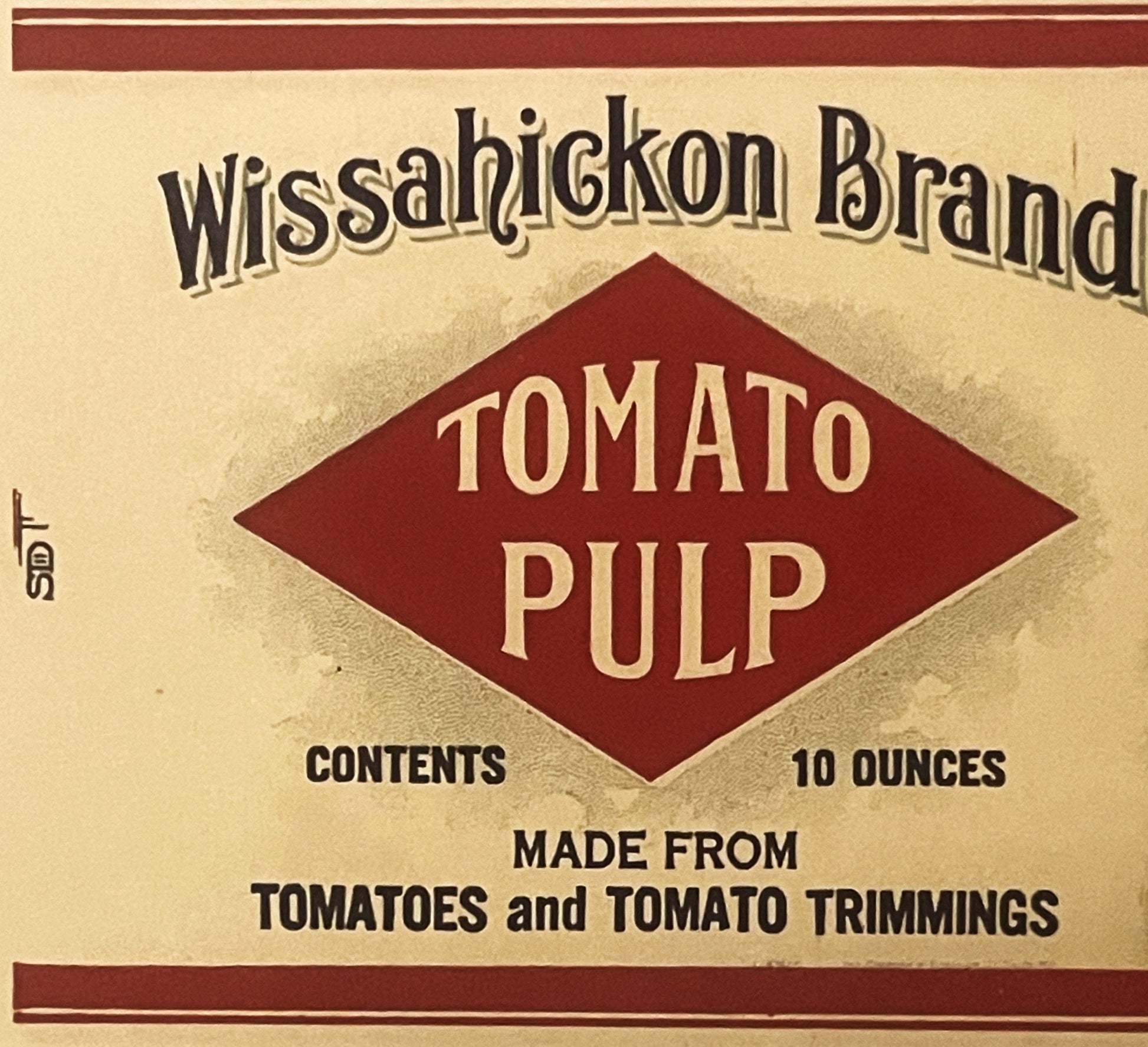 Vintage Wissahickon Brand tomato pulp can label, 10 ounces, cream and burgundy colors with diamond-shaped logo.