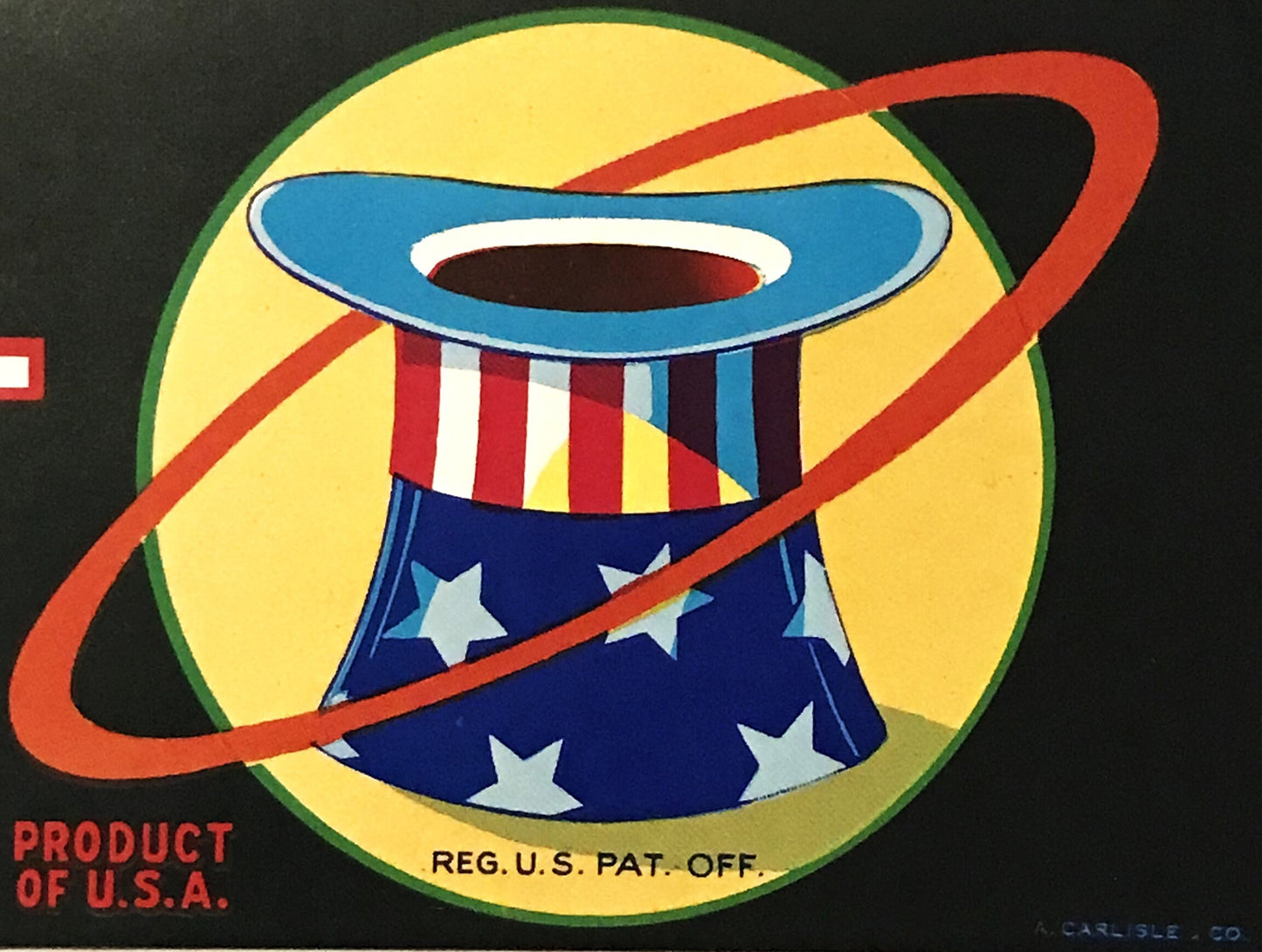 Vintage patriotic crate label with blue UFO spaceship, red ring orbit, yellow planet background, stars and stripes design, "P