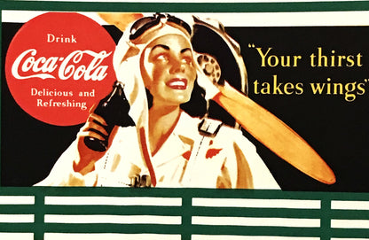 Vintage Coca-Cola promotional card featuring female pilot in white uniform holding bottle, with "Your thirst takes wings" tex