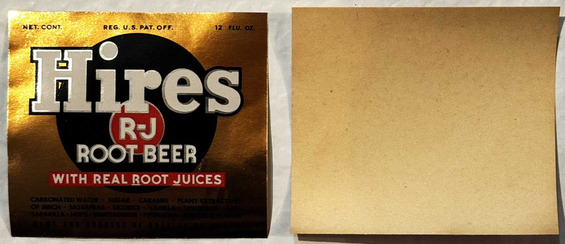 Vintage Hires R-J Root Beer label with gold foil background, black circle logo, and white/red text, shown front and back