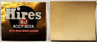Vintage Hires R-J Root Beer label with gold foil background, black circle logo, and white/red text, shown front and back