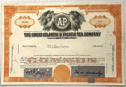Vintage A&P stock certificate with orange decorative border, two winged figures, circular seal, and handwritten signatures