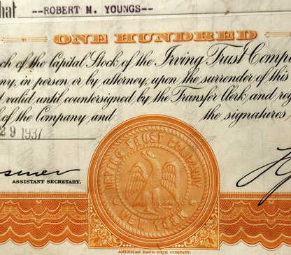 Orange Irving Trust Company stock certificate with ornate seal and cursive text